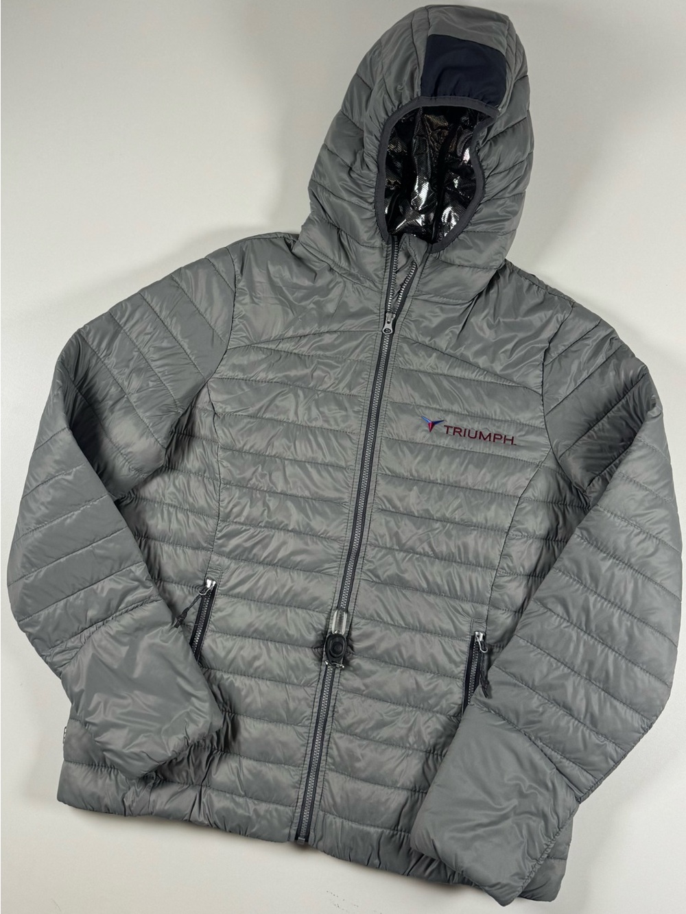 Triumph Light Gray Quilted Jacket with Blue and Pink Logo